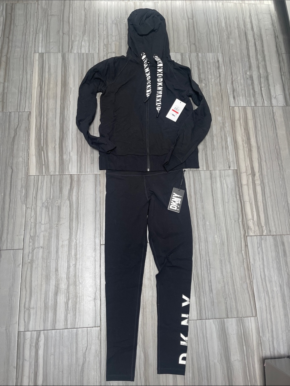 DKNY Black Hoodie and Leggings Set with White Logo Accents
